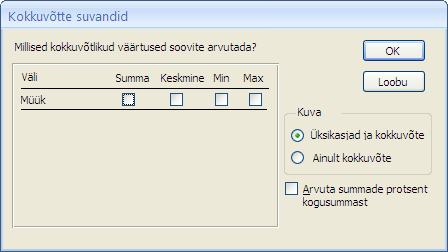 Aruandeviisardi Kokkuvõtte suvandid