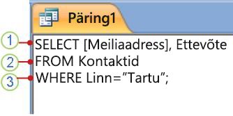 SQL-objektivahekaart, kus on kuvatud SELECT-lause