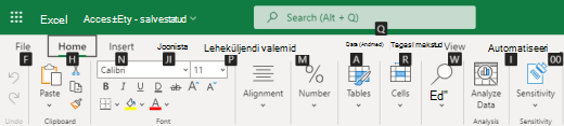Lindimenüü klahvispikrid Exceli veebirakenduses.