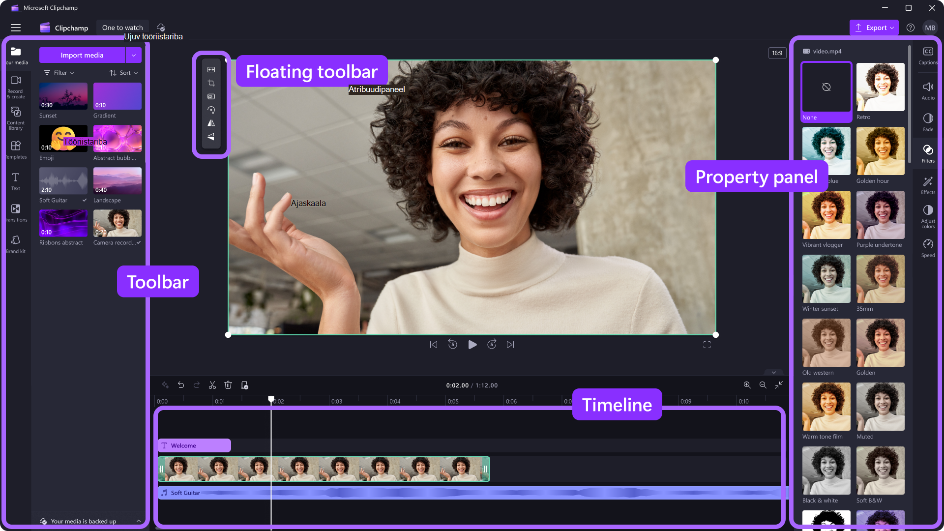 Clipchamp redaktori pilt selgitab, milliseid elemente redaktoris kutsutakse.