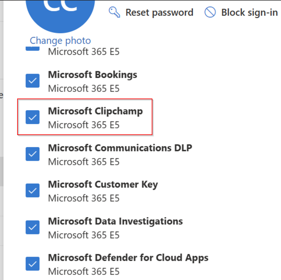 Clipchamp kuvatakse teenusena Microsoft 365 organisatsiooni kasutajale määratud rakenduste ja litsentside loendis
