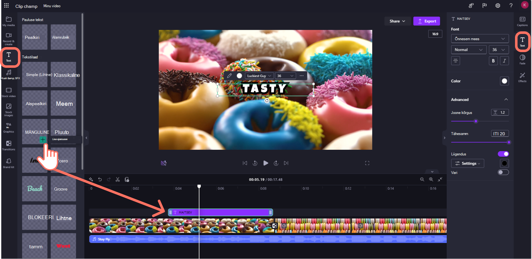 Kuvatõmmis töökontode Clipchamp, mille kasutaja lisas videole teksti.