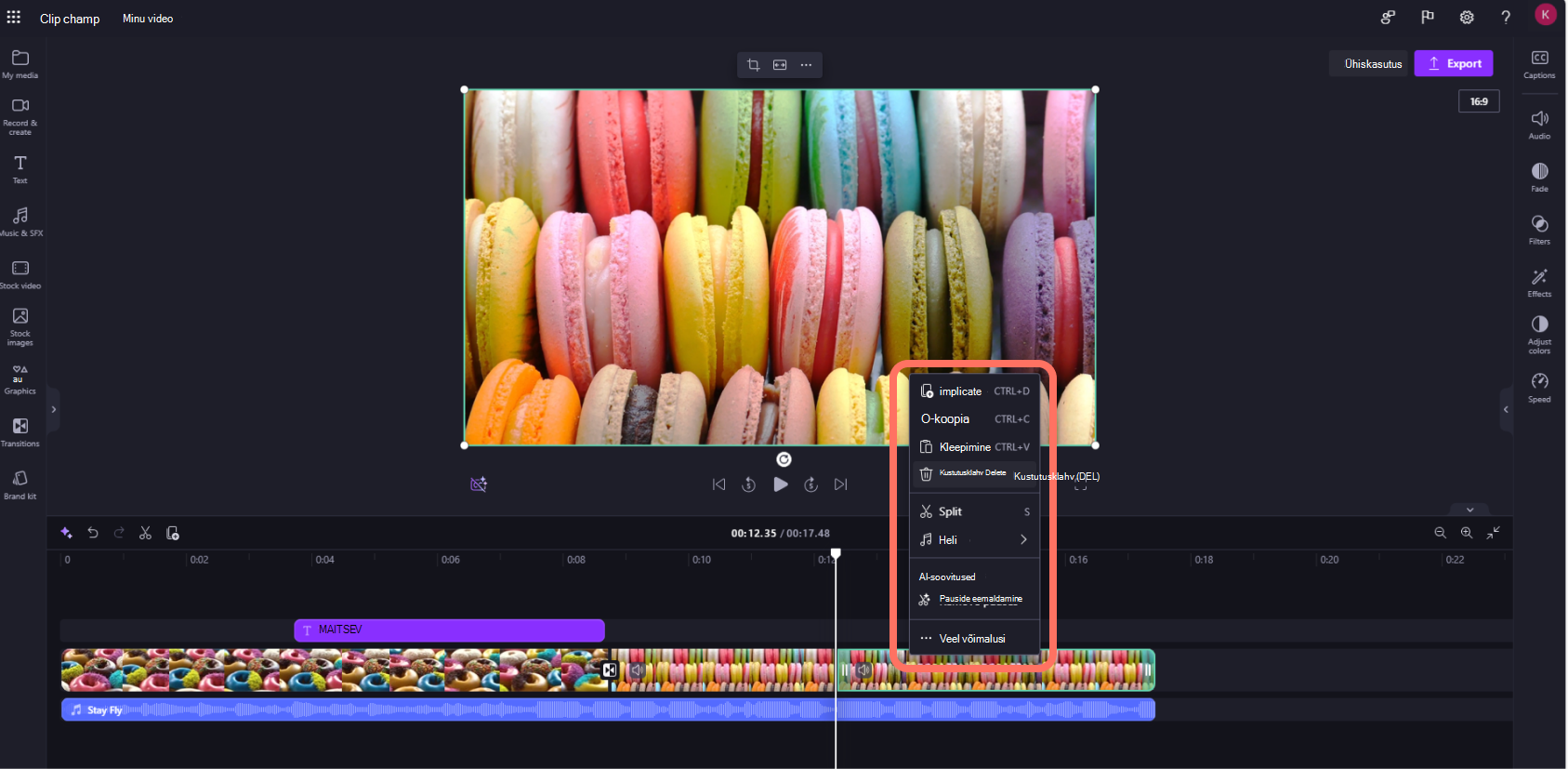 Kuvatõmmis töökontode Clipchamp, mille kasutaja kustutab ajaskaalalt videoklipi.