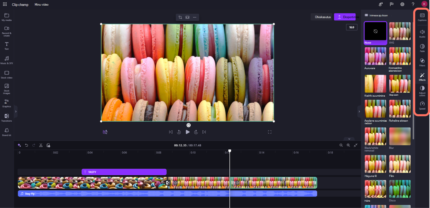 Kuvatõmmis töökontode Clipchamp, mille kasutaja klõpsab atribuudipaanil vahekaarti Efektid.