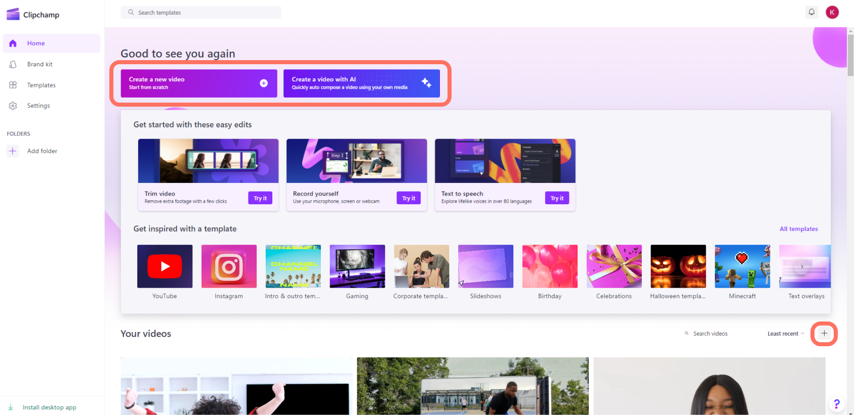 Isiklike kontode avakuva Clipchamp kuvatõmmis.