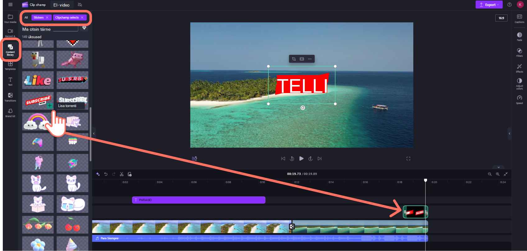 Kuvatõmmis isikliku konto Clipchamp, mille kasutaja lisas ajaskaalale kleebise.