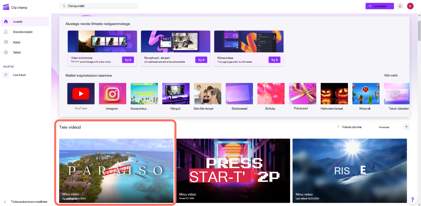 Kuvatõmmis isiklike kontode Clipchamp, mis avalehe kaudu videole juurde pääsevad.