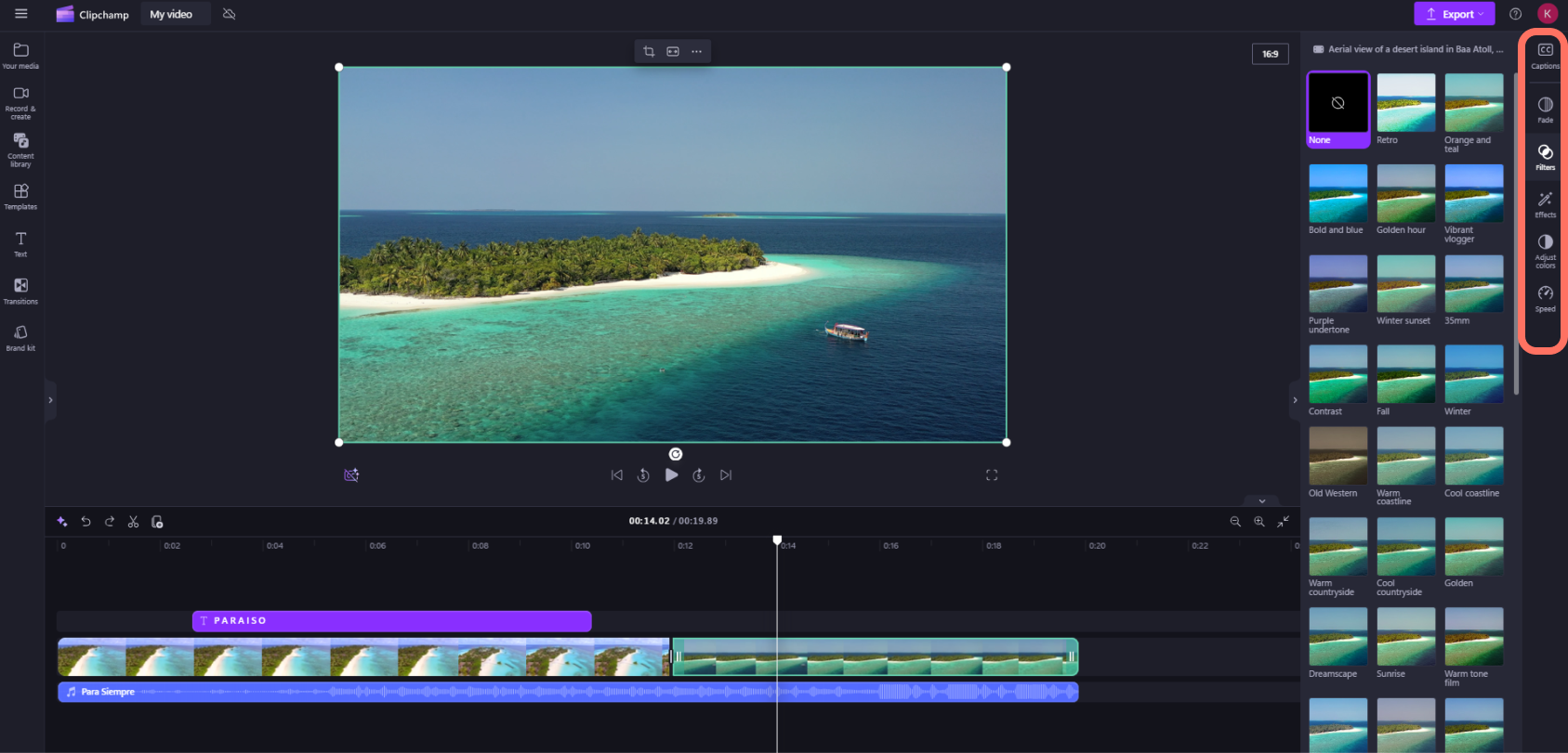 Kuvatõmmis isiklike kontode Clipchamp, mille kasutaja pääseb juurde atribuudipaneelile.