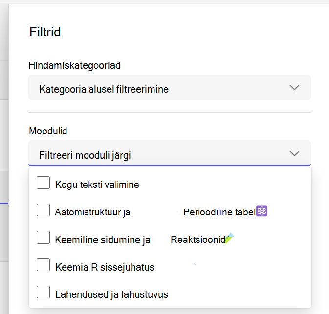 Kuva laiendatud moodulite filter määrangute loendis