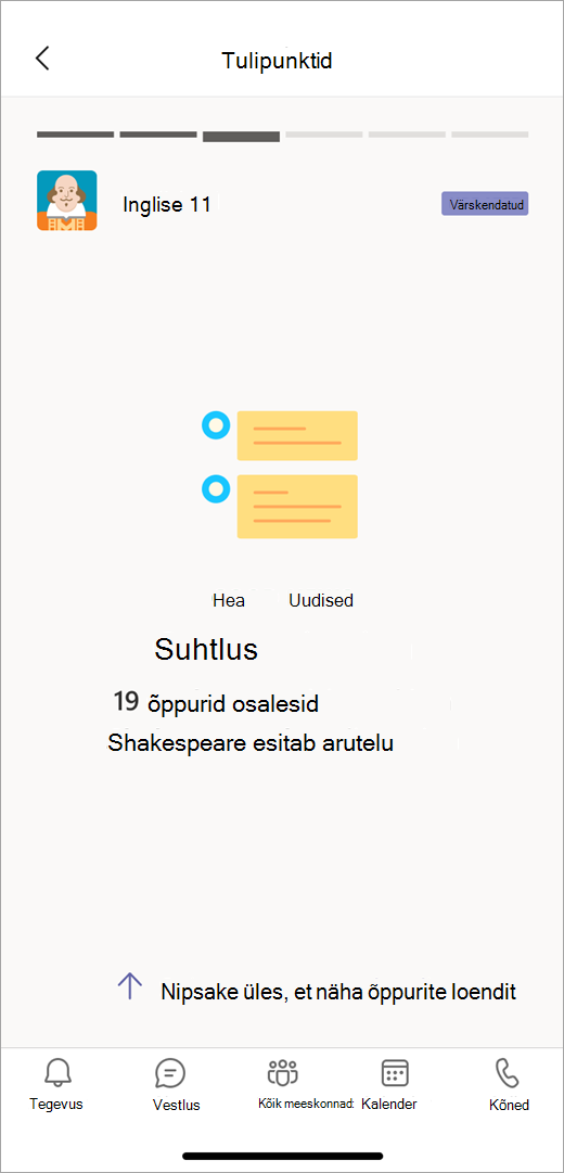 Kuvatõmmis, millel on kujutatud suhtlusandmete tulipunkt ülevaatest mobiilivaates, näitab õpetajat, et Shakespeare'i arutelus osales 19 õppureid.