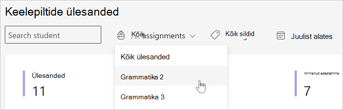 Kuvatõmmis vaates Ülevaated saadaolevatest filtritest ülesannete ja hinnete vaates. saad otsida õppuri järgi, sildi või kuupäeva järgi.