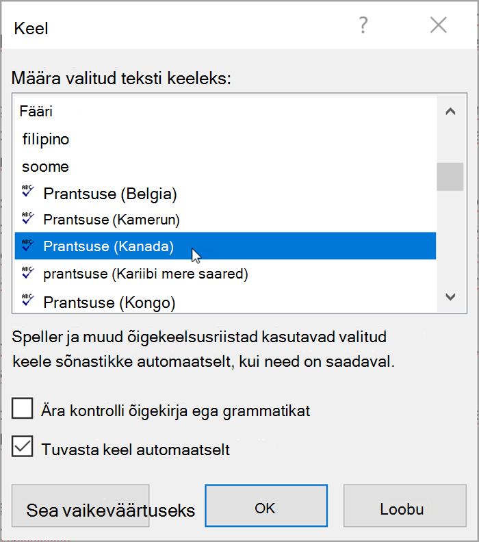 Kuvatõmmis Word. Hüpik loetleb keeled, mida saab valida. Keele automaatne tuvastamine on märgitud.