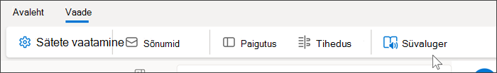 Kuvatõmmis Outlook Webi ülaservast, kus on kuvatud valitud vaatemenüü ja hiirekursor immersiivlugeja kohal