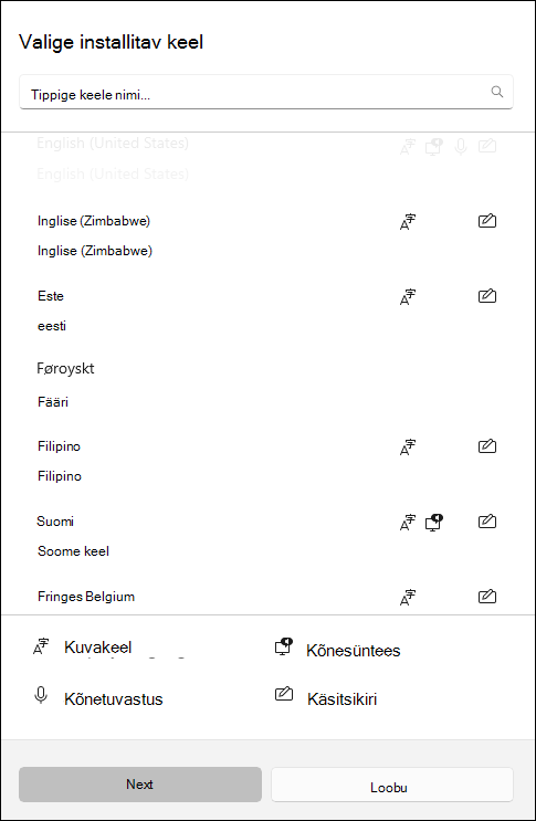 Windows 10 sätetes allalaadimiseks saadaolevate keelepakettide kuvatõmmis.