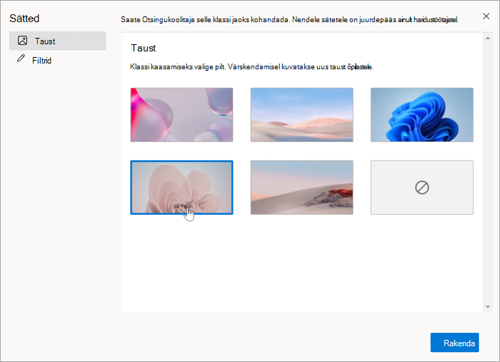 Taustade valimise kuvatõmmis. Saadaval on mitu värvi ja abstraktseid taustu.