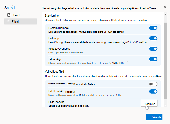 Screenshot of the filters section in settings with a mouse selecting create on create on your own