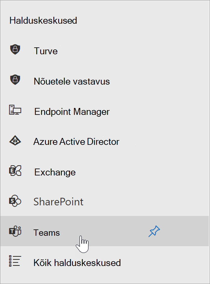 Kuvatõmmis Microsoft 365 halduskeskusest, kus kursor on kursoriga üle Teamsi halduskeskuse sisenemispunkti.