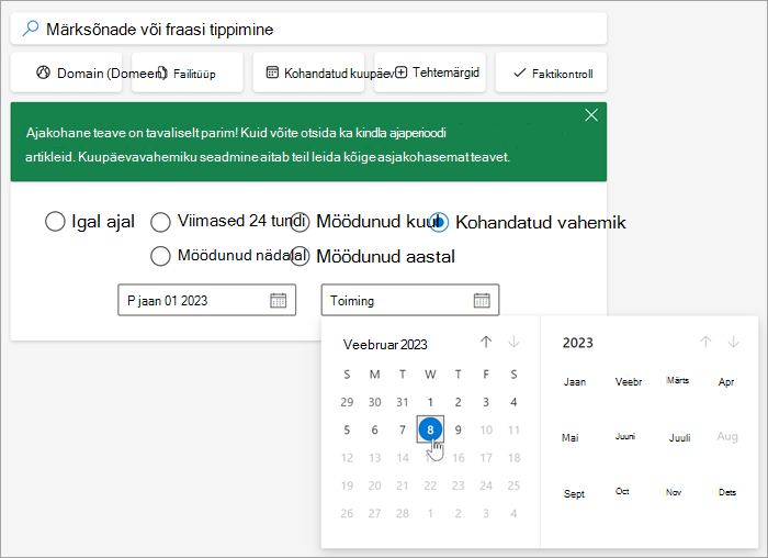 Kuvatõmmis kuupäevavaliku tööriistast, kui olete valinud kohandatud vahemiku.