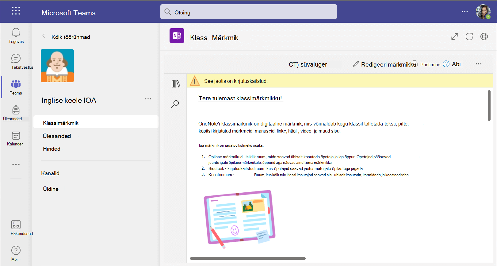Teamsi veebiversiooni klassimärkmiku kuvatõmmis.