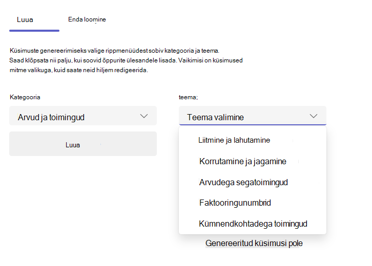 Vahekaardi genereerimise kuvatõmmis.