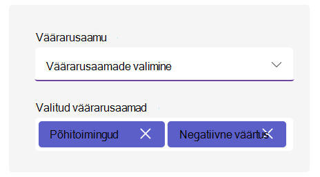 Väärarusaama suvandite kuvatõmmis.