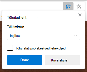 Microsofti tõlkeriist panel showing the status of the translation.