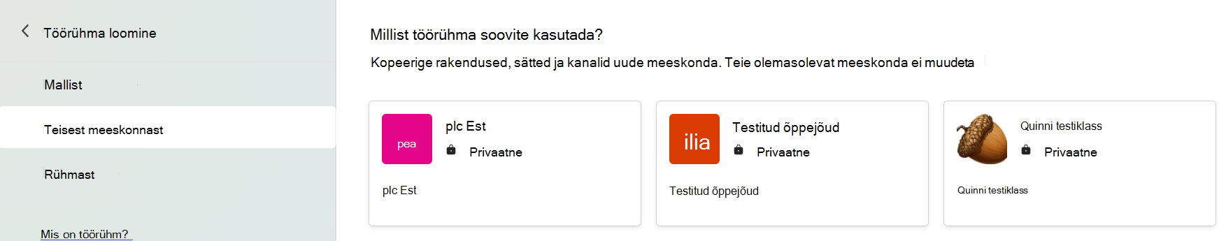 Kuvatõmmis, millel on kujutatud valitud meeskond rakenduste, sätete ja kanalite kopeerimiseks.