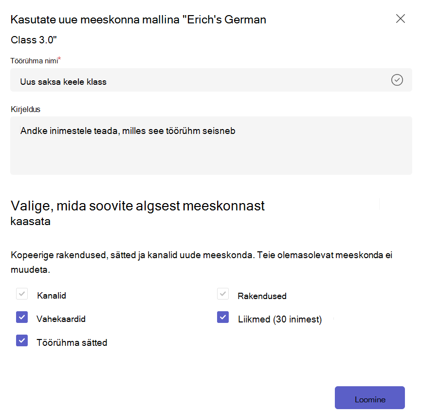 Kuvatõmmis, millel on kujutatud olemasoleva töörühma malli põhjal uue töörühma loomine ja kopeeritava sisu valimine.