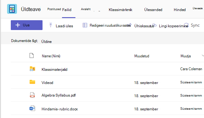 Screenshot that shows Files tab showing class materials and shared files.