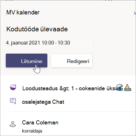 Kuvatõmmis, millel on kujutatud nupuga Liitu kodutööde läbivaatuse koosolekukaart.