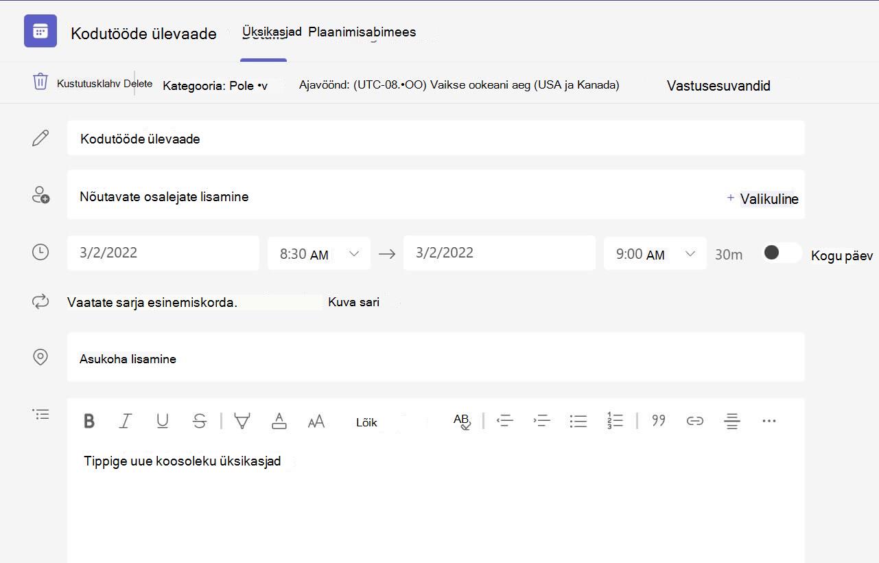 Teamsi veebiversiooni koosoleku üksikasjade puudumise kuvatõmmis.