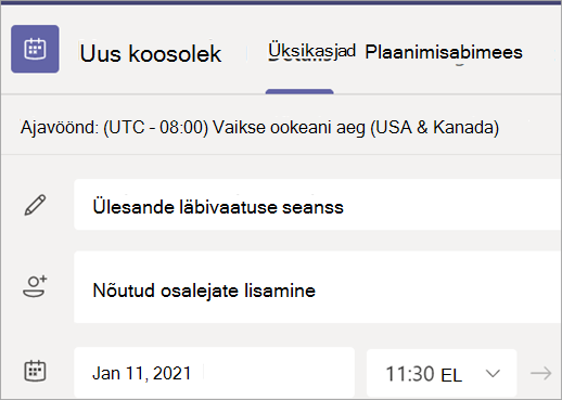 Kuvatõmmis, millel on kujutatud Teamsi uus koosolekuvorm tiitli-, osaleja-, kuupäeva- ja kellaajaväljadega.