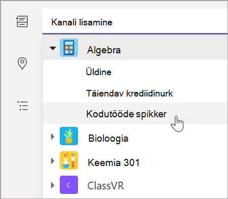 Kuvatõmmis klassi jaoks töörühma kanali valimisest.