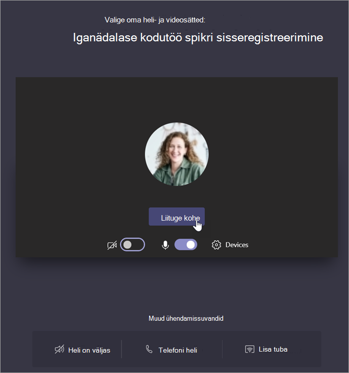 Kuvatõmmis, millel on kujutatud koosolekuga liitumiseks nupu Liitu kohe valimisega.