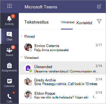Kuvatõmmis, millel on kujutatud Teamsi õppurite eravestlused.