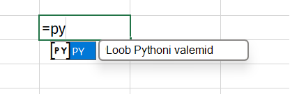 Pythoni lubamiseks sisestage lahtrisse =PY.