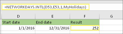 =NETWORKDAYS. INTL(D53;E53;1;MyHolidays) ja tulem: 252