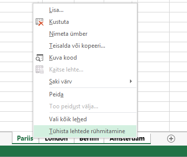 Paremklõpsmenüüs on valitud käsk Tühista lehtede rühmitamine.