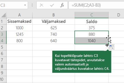 Jooksva saldo arvutamise näide