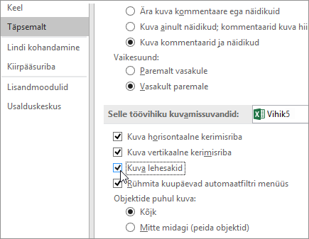 Lehesakkide kuvamine Exceli suvandites