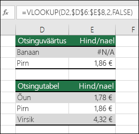 Otsinguväärtust pole olemas. Valem lahtris E2 on =VLOOKUP(D2;$D$6:$E$8;2;FALSE). Kuna väärtust Banaan ei leita, tagastab valem veaväärtuse #N/A.