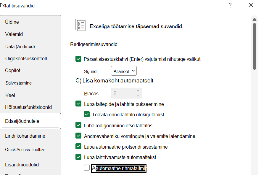 Kiirtäitmise lubamise võimalus, kui see on välja lülitatud