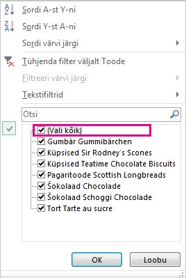Galerii Sortimine ja filtreerimine ruut Vali kõik