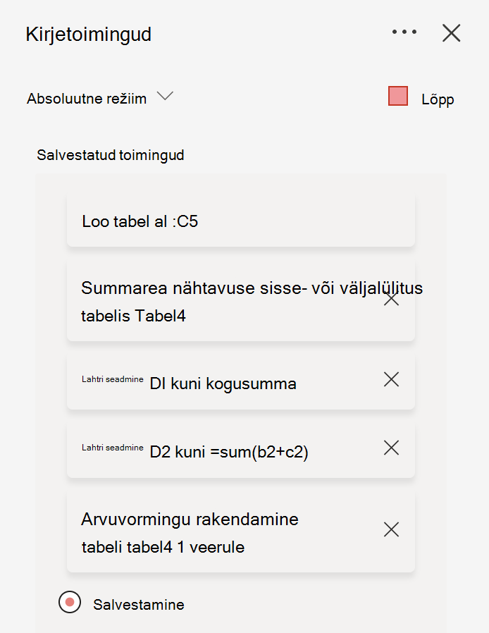 Exceli toimingute salvestamine toimingusalvesti abil