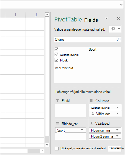 PivotTable-liigendtabeli väljad