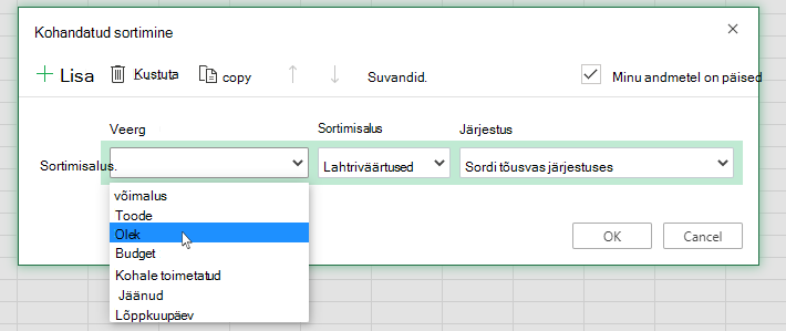 Veeru valimine kohandatud sortimise dialoogiboksis
