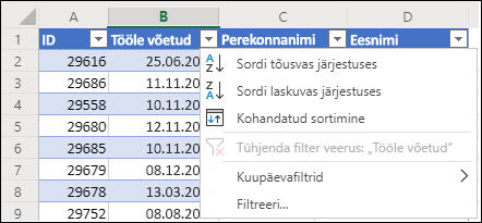Excelsi tabelifiltri kasutamine tõusvas või laskuvas järjestuses sortimiseks