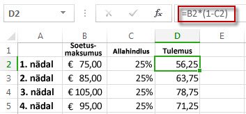 Protsendiarvutuse tulemid veerus D