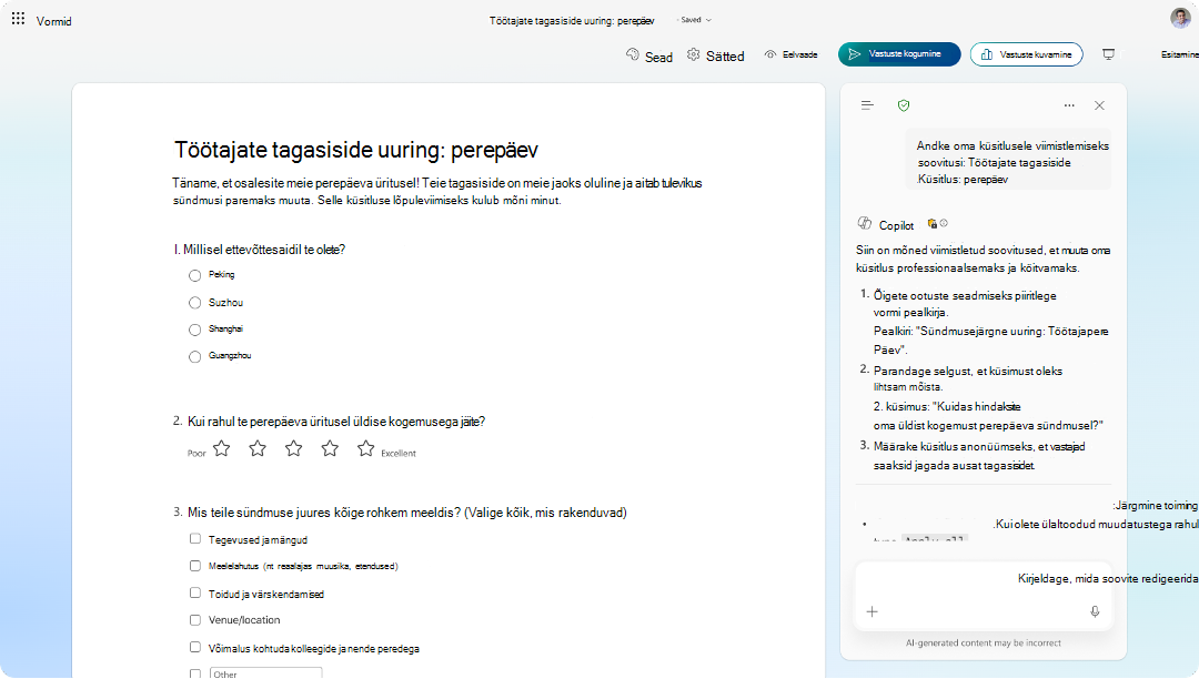 Screenshot of Employee Feedback Survey form with Copiloti soovitused panel offering improvements.