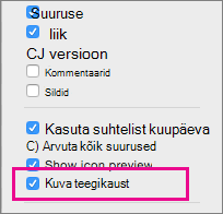 Teegifailide kuvamise säte Finderi vaate sätetes